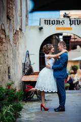 brides walk around the city outdoors, wedding