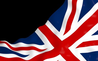 Fototapeta premium Waving flag of the Great Britain on dark background. British flag. United Kingdom of Great Britain and Northern Ireland. State symbol of the UK. 3D illustration