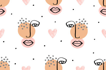 Seamless abstract pattern with face. Modern line art vector background