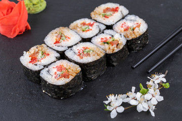 Sushi roll sushi with prawn, avocado, cream cheese, sesame. Sushi menu. Japanese food.