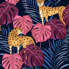 Jungle exotic seamless pattern, green tropical leaves and cheetah. Summer vector illustration. Watercolor style