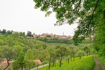 Rund um Rothenburg ob der Tauber gibt es zahlreiche Wanderwege. Von hier kann man einen traumhaften Blick auf die Skyline der Stadt werfen und die Natur des Tauberthals genießen. 