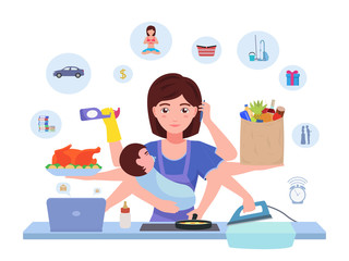 Cartoon character multitasking busy mom