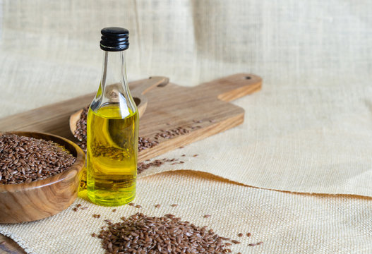 flax seeds and flaxseed oil on the table.