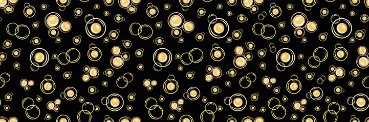 Abstract Champagne bubbles vector border background. Hand drawn fizzy overlapping drops black gold banner. Elegant sparkling horizontal repeat design. For edging, ribbon festive celebration concept