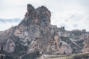 Fototapeta premium Uchisar castle, the highest peak in the region and the most prominent land formation in Goreme, Cappadocia,Turkey.