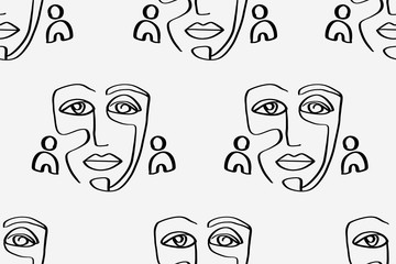 Seamless abstract pattern with face. Modern line art vector background
