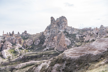 Fototapeta premium Uchisar castle, the highest peak in the region and the most prominent land formation in Goreme, Cappadocia,Turkey.