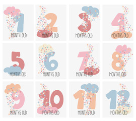 First year baby sticker set with numbers, stars and clouds. Cute babyshower elements design. Milestone cards. Flat design. 
