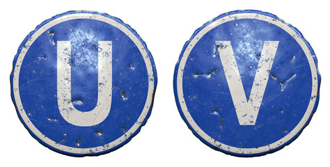 Set of public road sign in blue color with a capitol white letters U and V in the center isolated white background. 3d