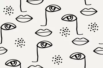 Gordijnen Naadloos abstract patroon met gezicht. Moderne lijn kunst vector achtergrond © OliaGraphics
