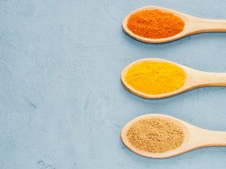 Chili pepper, turmeric, masala in wooden spoon on gray concrete background. Diet and weight loss concept