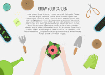 Vector illustration in flat cartoon style of hands and garden tools top view. For poster, design of page site, web and advertising banner, article,  card or flyer, promotion, mailing.