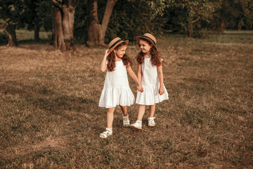Naklejka na ściany i meble Twin sisters walking in park together