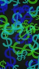 Multicolored translucent dollar signs on dark background. Green tones. 3D illustration