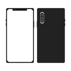 Smartphone in black color icon with blank white screen, front and back view isolated on white background. Vector stock illustration in flat style. Mobile phone for web site design, logo, app, UI.