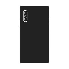 Smartphone back view in black color with cam isolated on white background. Mobile phone mockup. Stock vector illustration.