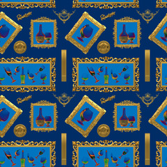 Bottles and glass goblets with splashing liquid in them, in golden frames with stucco molding. Seamless pattern wrapping paper