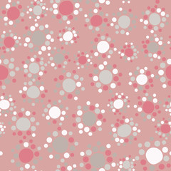 Small circles around large circles - seamless pattern. Cute doodle uneven, crooked circles like a flowers. Calm warm pastel colors - pink, rose, gray, white. Texture for clothes, textile, gift wrap.