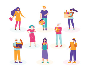 Set of people in medical protective masks during the epidemic and quarantine. Men and women of different nationalities and ages maintain a safe social distance. Protection from infection. Flat vector.