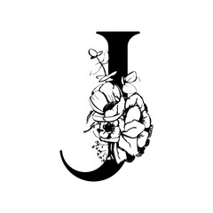 Vector flower alphabet. Floral design of letter J. Decoration of wedding invitations, cards, business cards of florists. Large delicate flowers in a line style