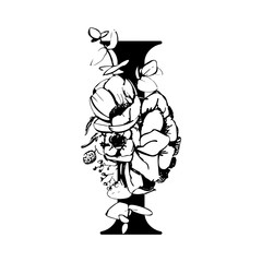 Vector flower alphabet. Floral design of letter I. Decoration of wedding invitations, cards, business cards of florists. Large delicate flowers in a line style