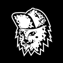 Cat face. Cartoon white cat face with cap on black background isolated. Stock Vector Illustration. Cartoon style.