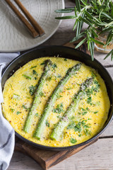 Asparagus with scrambled eggs. Omelet with asparagus  in a frying pan.