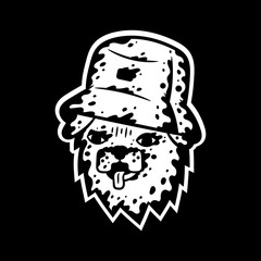 Dogface. Cartoon white dog face with panama hat on black background isolated. Stock Vector Illustration. Cartoon style.