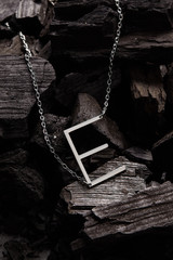 Subject shot of a silver chain with a pendant in the shape of a letter E. The fashion necklace is...