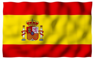 Obraz premium The flag of Spain. Official state symbol of the Kingdom of Spain. Concept: web, sports pages, language courses, travelling, design elements. 3d illustration