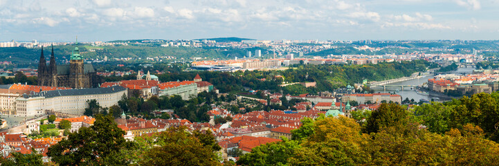 Panoramic view on Charles bridge and evening Prague. Beautiful famous place in Bohemia