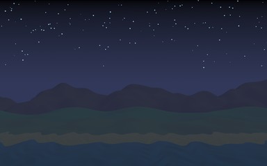 Fototapeta premium Starry moonless sky. Ocean shore line with waves on a beach. Island beach paradise with waves. Vacation, summer, relaxation. Seascape, seashore. Minimalist landscape, primitivism. 3D illustration