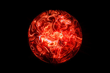 Abstract background with energy sphere. 3d red plasma sphere rendering. Abstract luminous neon...
