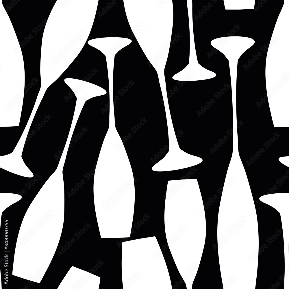 Wall mural wine glasses vector seamless pattern background. simple silhouettes of champagne flutes white black 