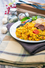 Prawn with rice - closeup of prawn with rice - traditionnal spanish food paella