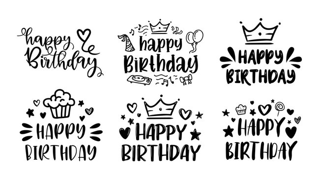 HAPPY BIRTHDAY lettering sign quote typography set. Calligraphy design for card, print poster graphic vector brush design. Birthday party decor. Black text - Happy Birthday on a white background.