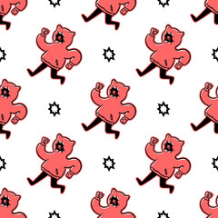 Cat seamless pattern. Cartoon running cat in a pink sweatshirt seamless pattern on white background isolated. Stock Vector Illustration.