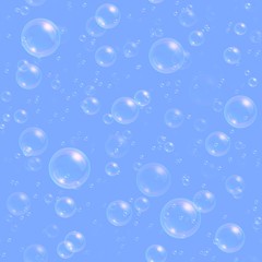 Soap bubbles seamless background. Abstract floating shampoo, bath lather pattern on a blue backdrop. Realistic vector illustration.