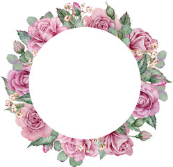 Pink roses and eucalyptus circle frame. Watercolor hand-drawn floral wedding frame. Valentine's day template.