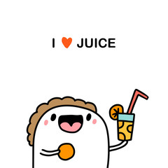 I love juice hand drawn vector illustration in cartoon doodle style man holding glass with drink