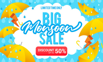 Big Monsoon Sale Vector Illustration. Yellow umbrellas on blue raindrops pattern background