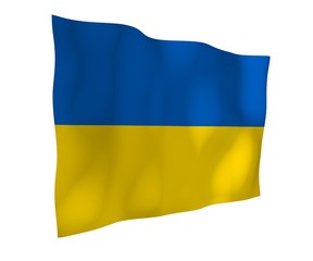 The flag of Ukraine on a white background. National flag and state ensign. Blue and yellow bicolour. 3D illustration waving flag