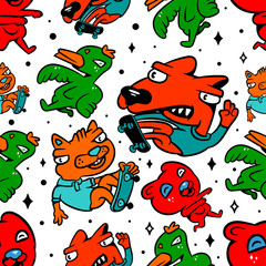 Cartoon animals seamless pattern. Cartoon dog, duck, cat, and bear on white background isolated. Stock Vector Illustration. Cartoon style. 