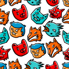 Cartoon faces seamless pattern. Cartoon cat, fox, bird, bear, and boy on white background isolated. Stock Vector Illustration.