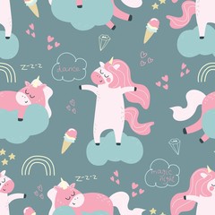 Seamless pattern with a unicorn and hearts on a dark background. Vector illustration for printing on a postcard, poster, or clothing. Cute children's background.