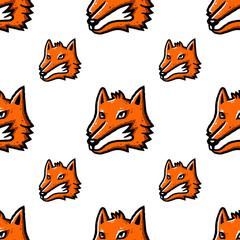Fox face. Cartoon orange fox faces a seamless pattern on white background isolated. Stock Vector Illustration.