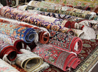 Colorful Oriental carpets sold at market