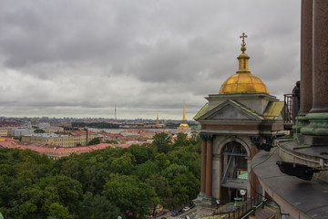 View from the Colonnade of the Saint Isaac's Cathedral in St. Petersburg, Russia, Admiralty spire and Peter and Paul Fortress spire