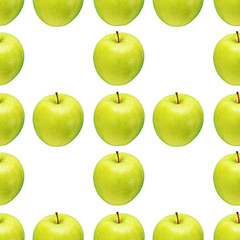 Pattern of green apples on a white background. Isolated fruits. Image for fabric, wallpaper and wrapping paper.